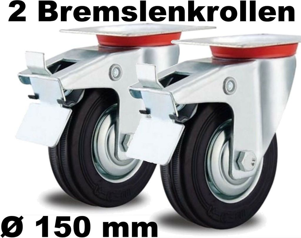 2 x Lenkrollen 150mm Stahl-Felge Voll-Gummi Schwarz Faden-Schutz Rollen-Lager 150