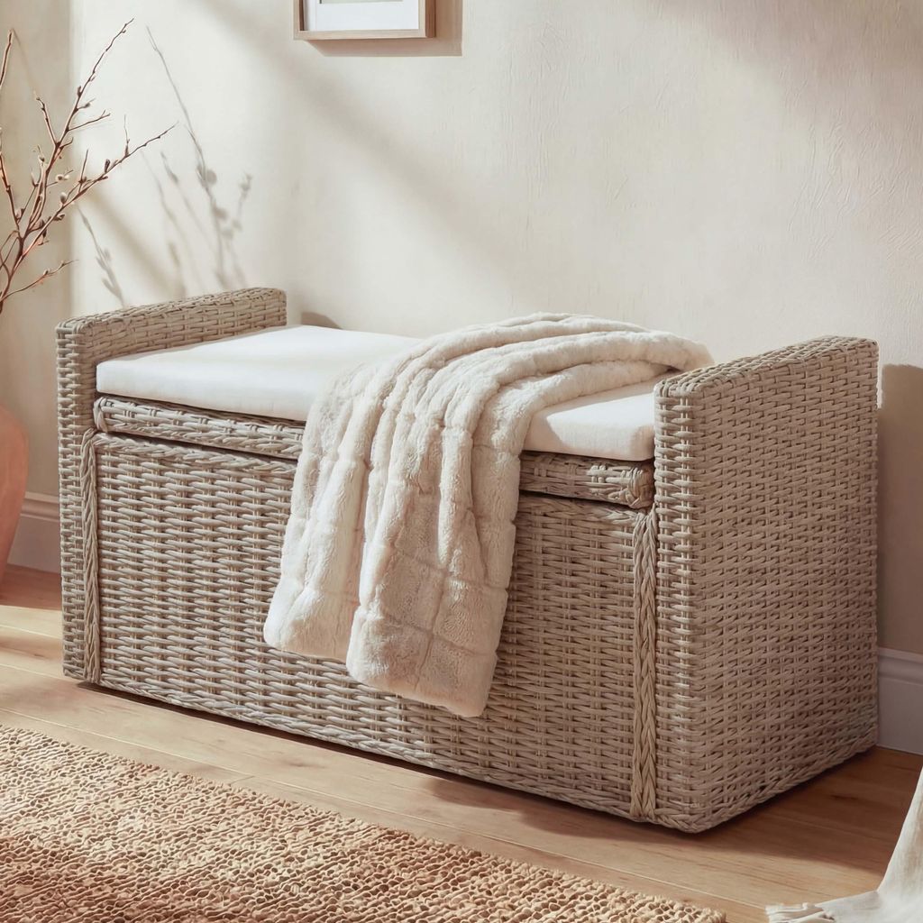 Sitzbank M92 Garderobenbank Bank Sitzhocker, mit Stauraum Kissen Kubu Rattan 88cm kubu grau