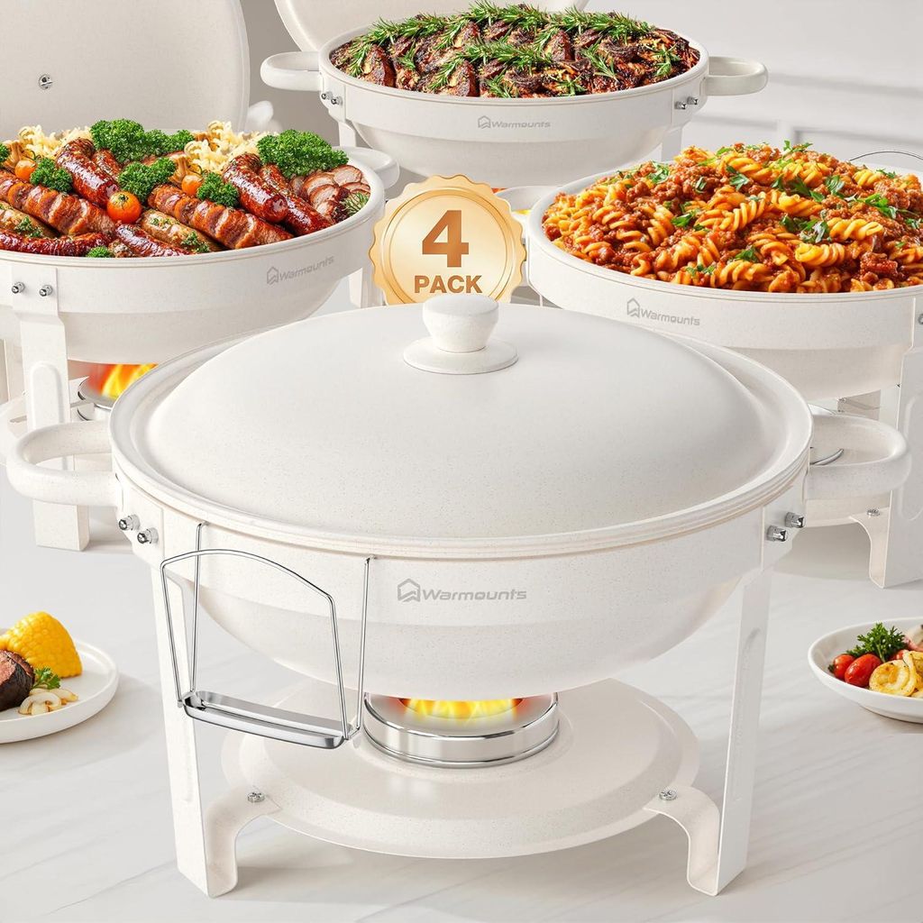 WARMOUNTS Chafing Dish 4er Set 5QT Buffet Warmhalter Rund Edelstahl mit Deckelhalter Stapelbar Catering Hochzeit Party, Weiß