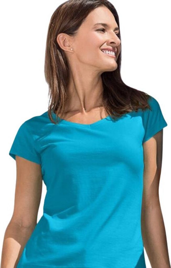 Baumwoll-T-Shirt mit V-Ausschnitt für Damen, 100% Baumwolle, unbedruckt, einfarbig, 180g/m2, Farbe türkis, Größe L