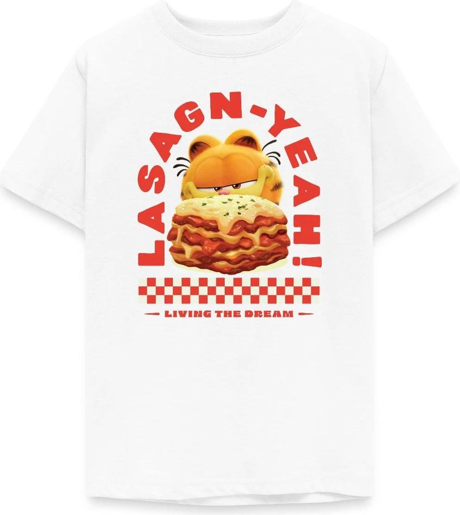 Spreadshirt Garfield Lasagn-Yeah Witziges Wortspiel-Design Teenager T-Shirt, 134/146 (9-11 Jahre), Weiß