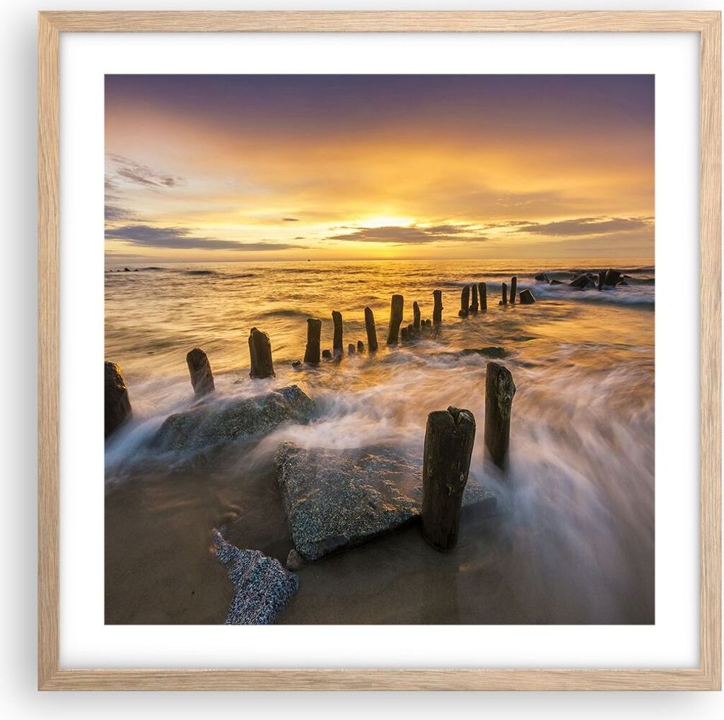 Gerahmtes Poster - Rahmen in heller Eiche - baltisch meer Mole Landschaft - 50x50 cm - Wand Bild - Wanddeko - Wandbilder - Wandposter - Bilderrahme...