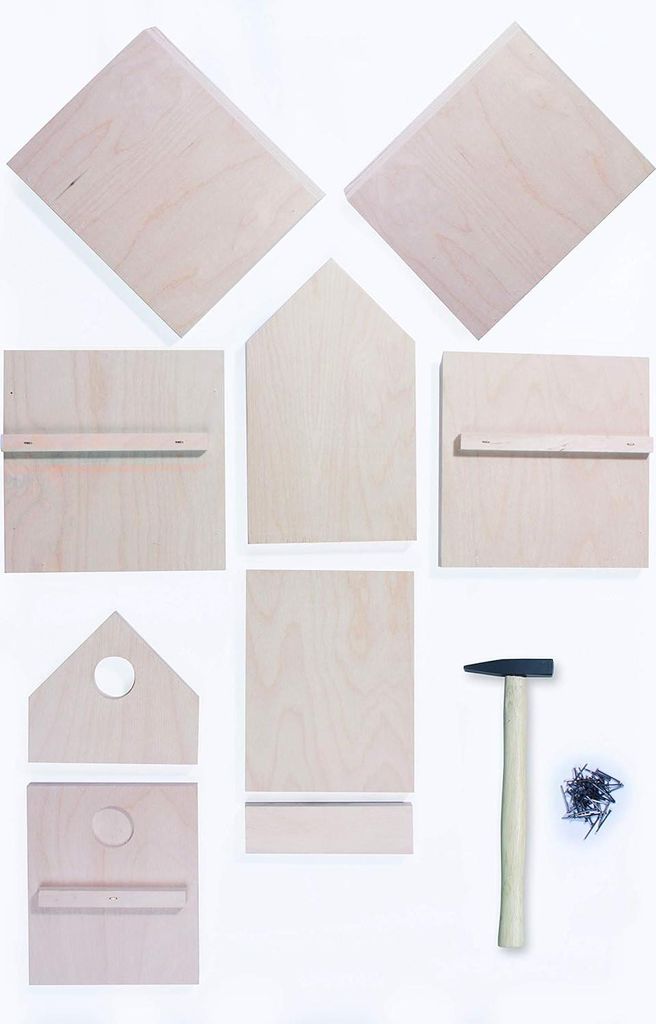 Holz-Bausatz Bastelset Vogelhaus - inkl. 9 unbehandelten Birkenholzplatten - Hammer und Nägel - Geschenkidee für Hobby und Kinder - Pebaro 466
