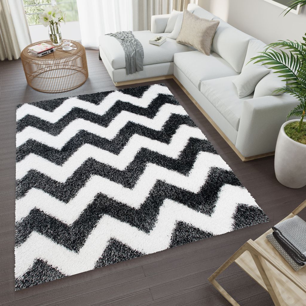 Teppich Shaggy Wohnzimmer Schlafzimmer Modern Design Hochflor Langflor Weiß Schwarz Weich 200 x 300 cm