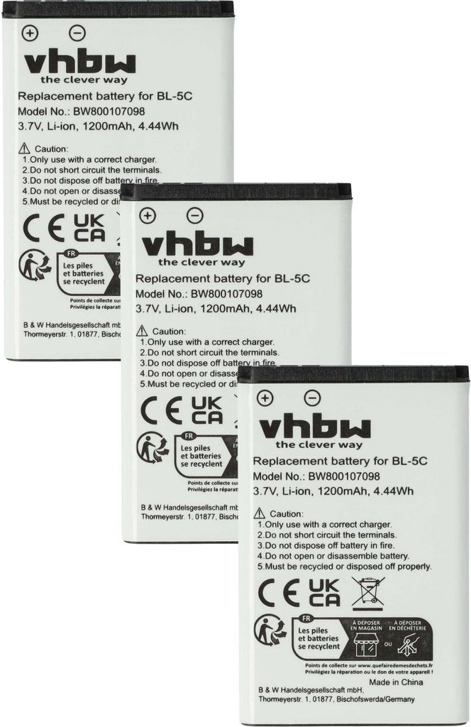 vhbw 3x Akku kompatibel mit Nokia 3110 classic, 3109 classic, 3120, 3110 evolve, 3660, 3650 Handy Smartphone Telefon (1200 mAh, 3,7 V, Li-Ion)