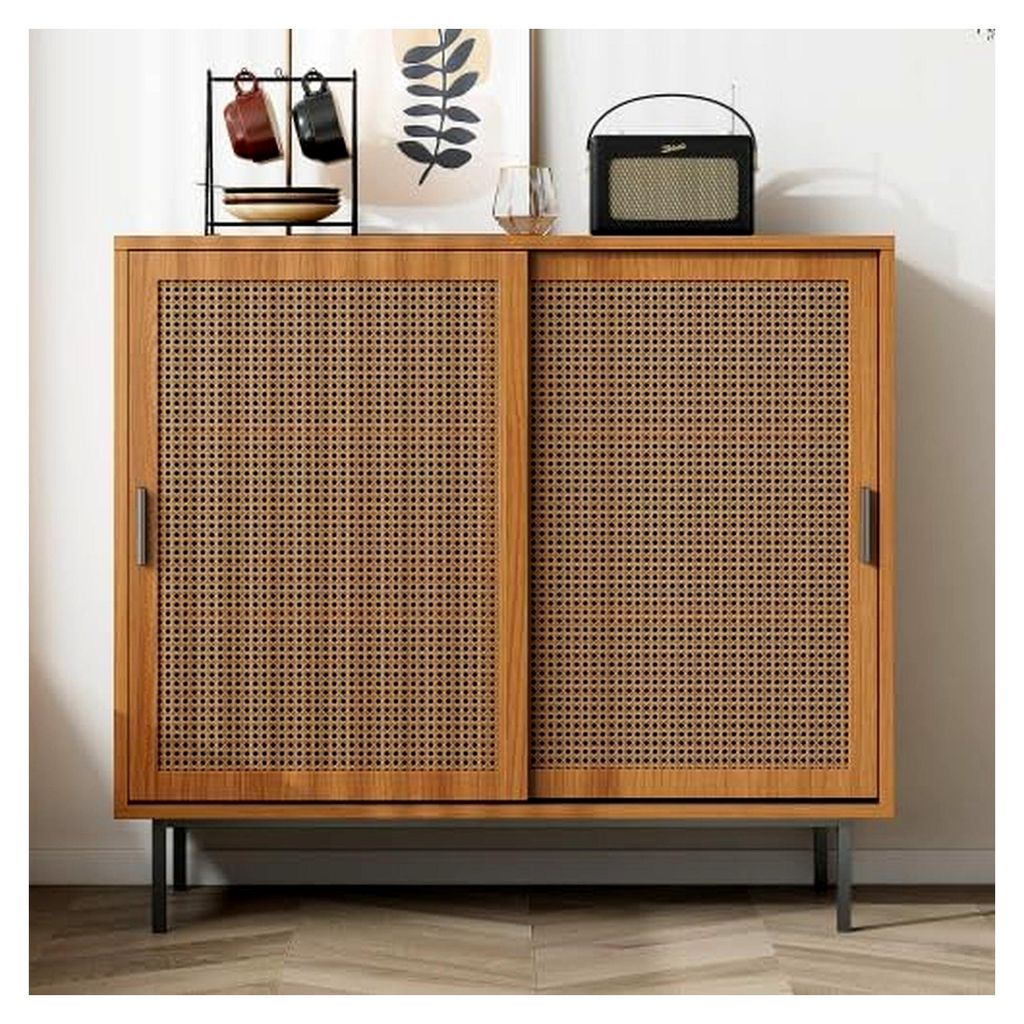 Sideboard – Stabiler Kommodenschrank mit Rattan-Schiebetüren, 50 kg Tragkraft, Walnuss, 100 cm – Praktischer Aufbewahrungsschrank für Wohnzim...