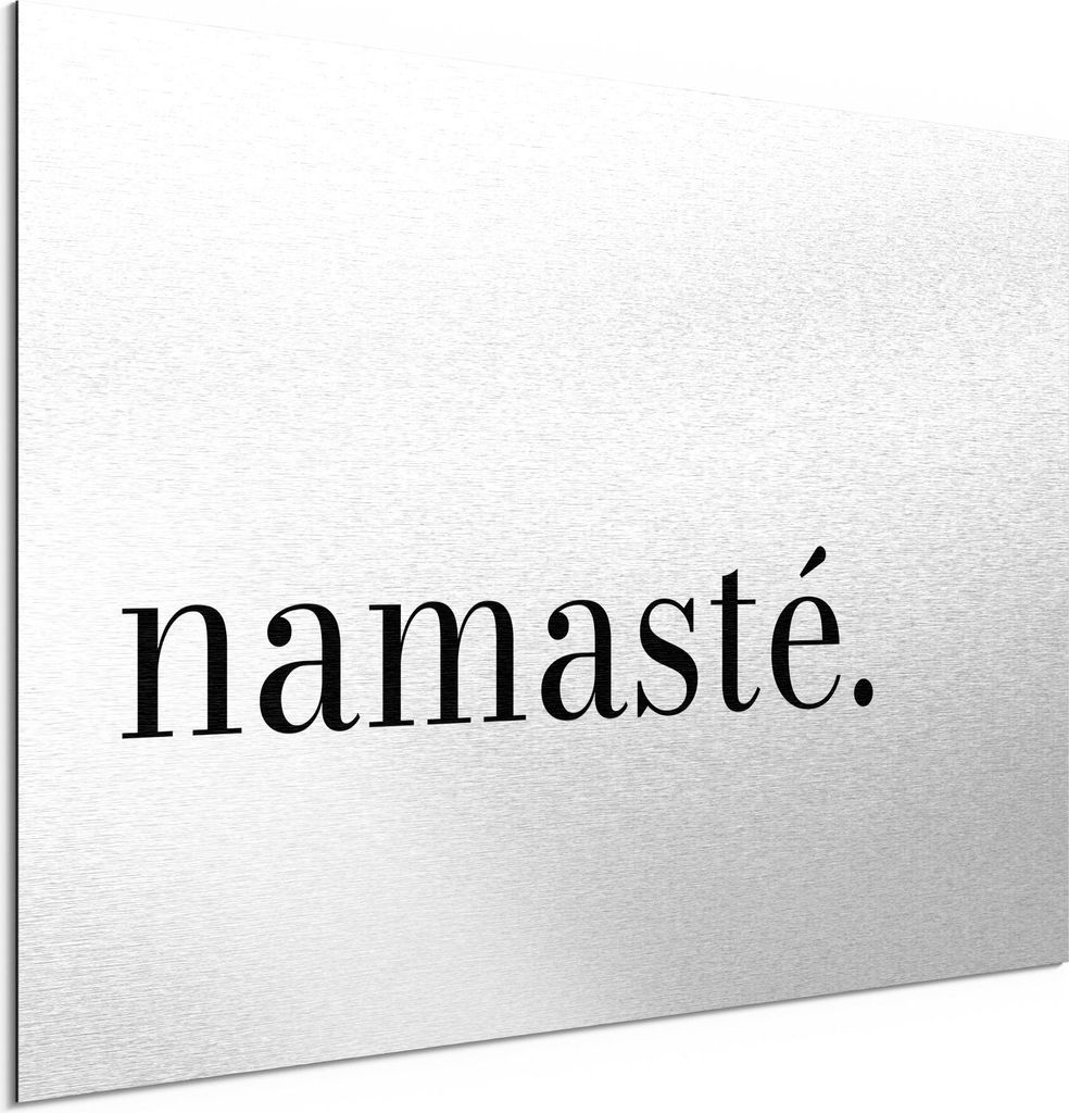 DEQORI Alu-Dibond Bild Silber 60x40 cm 'Namasté - Schriftzug' Wandbild Metall dünn Design