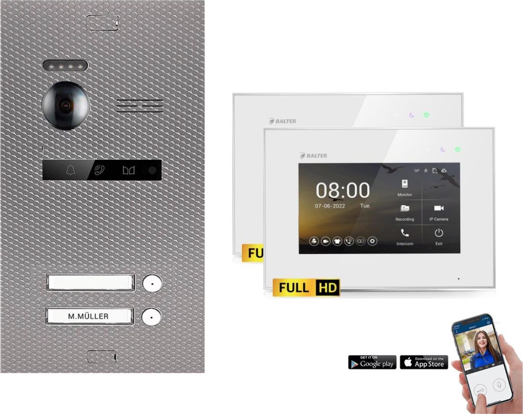 BALTER EVO HD Karbon-Silber Video Türsprechanlage Set 2 Teilnehmer 2x 7" WLAN Monitor Weiß