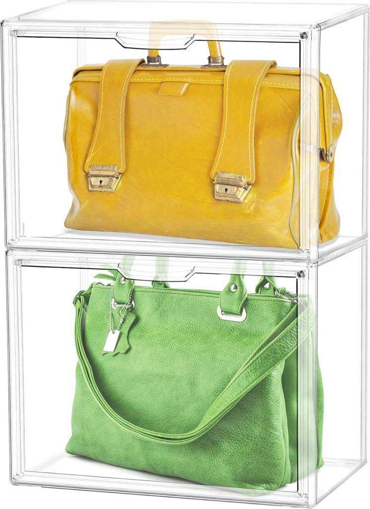Set aus 2 transparenten Aufbewahrungsboxen, Handtaschenlagerung, stapelbare Aufbewahrungsboxen für Handtaschen, Schuhe, Spielzeug, Schultertasche,...