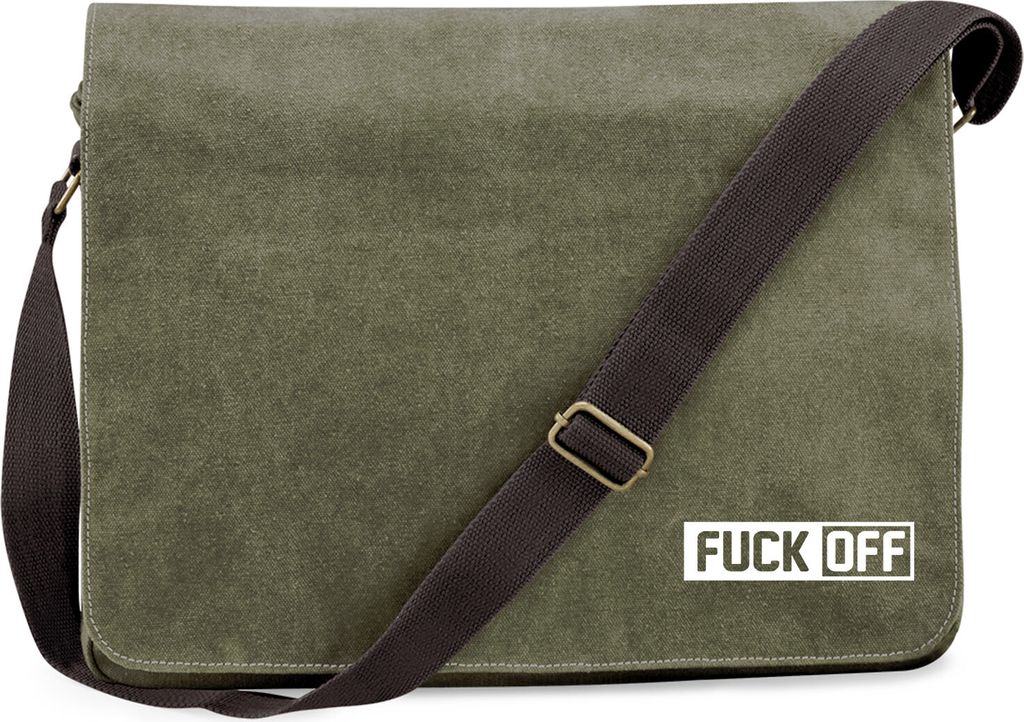 Huuraa Umhängetasche Fuck Off Schriftzug 14 Liter Military Green Canvas Laptoptasche Geschenkidee