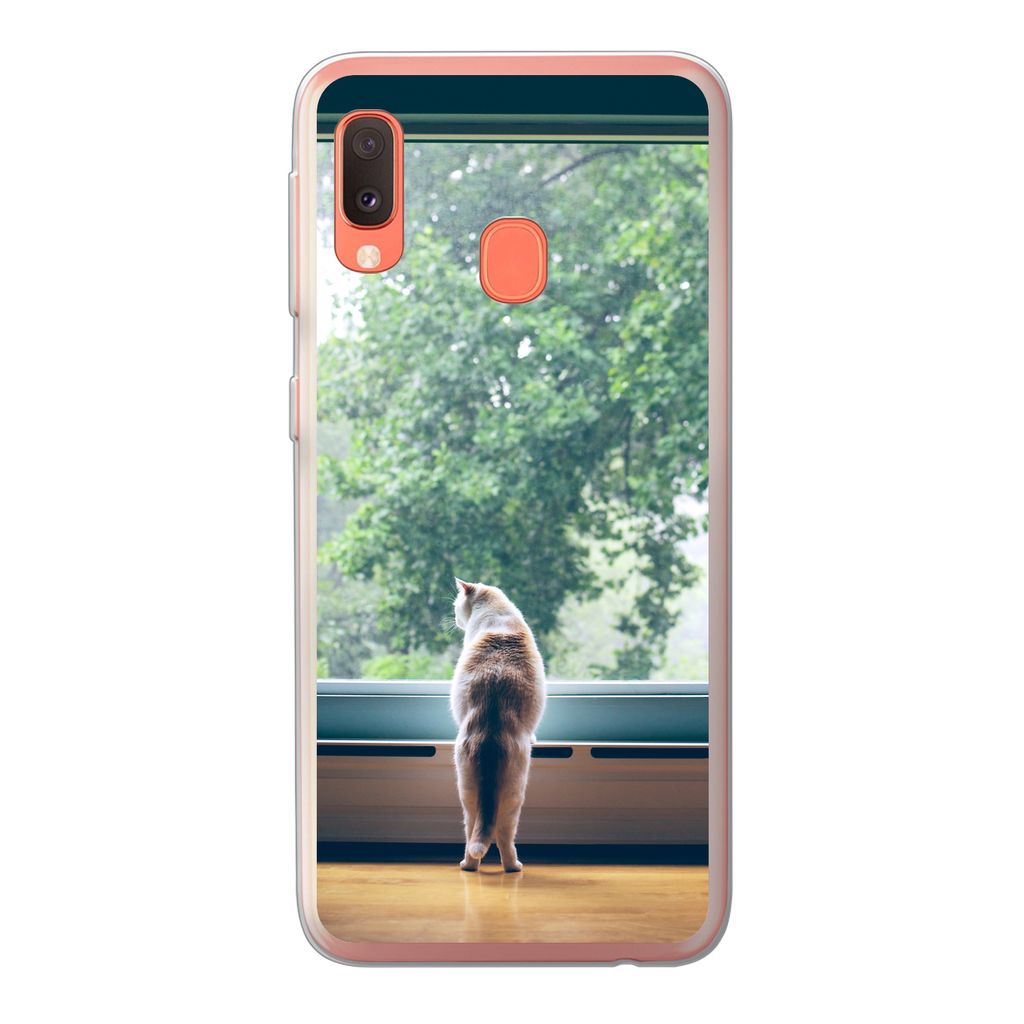 MuchoWow Handyhülle Schutzhülle Hülle für Samsung Galaxy A20e Katze - Fenster - Pflanzen Silikon Softcase Handy Hülle - Abdeckung
