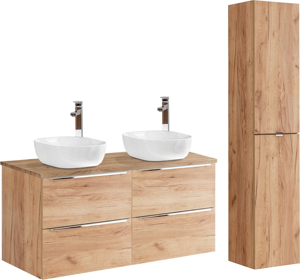 Doppelwaschtisch und Hängesäule 120.4cm April mit 4 Schubladen, Holzoptik