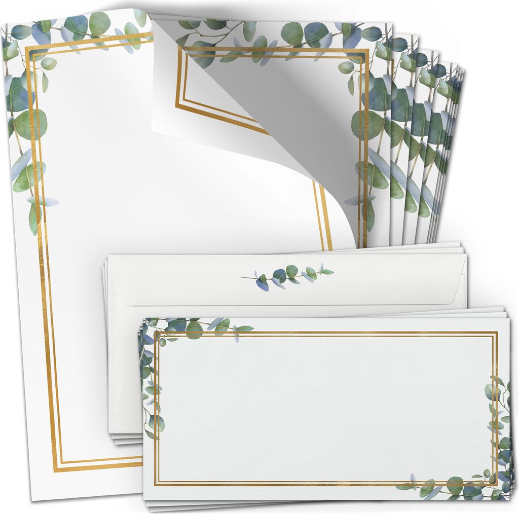 10 Briefpapier mit Briefumschlag SET | Eukalyptus Gold-Look | Papier und Umschlag mit Design-Motiv bedruckt | 90 g/m²