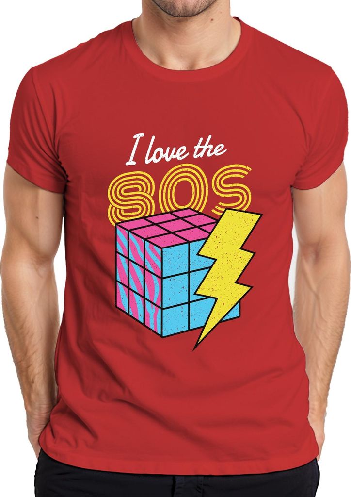 I love the 80s 80er Retro Neon Achtziger Zauberwürfel Blitz Pop Herren T-Shirt, Rot, 3XL
