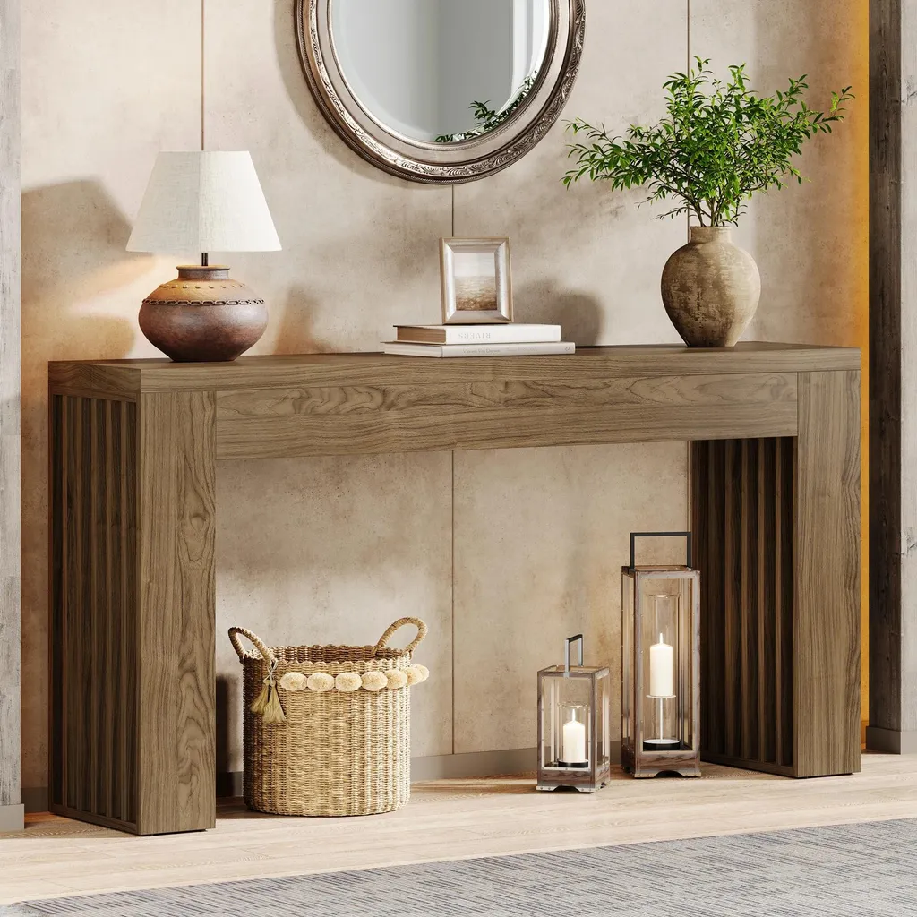 Table console rustique marron en bois massif pour entrée rustique