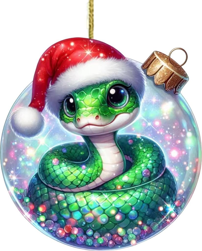 Schlangen-Weihnachtsornament, flach, 2D-Acryl, Cartoon-Schlangenanhänger, festliches Weihnachtsmannmützen-Schlangenornament für Baum, Tür, Kami...