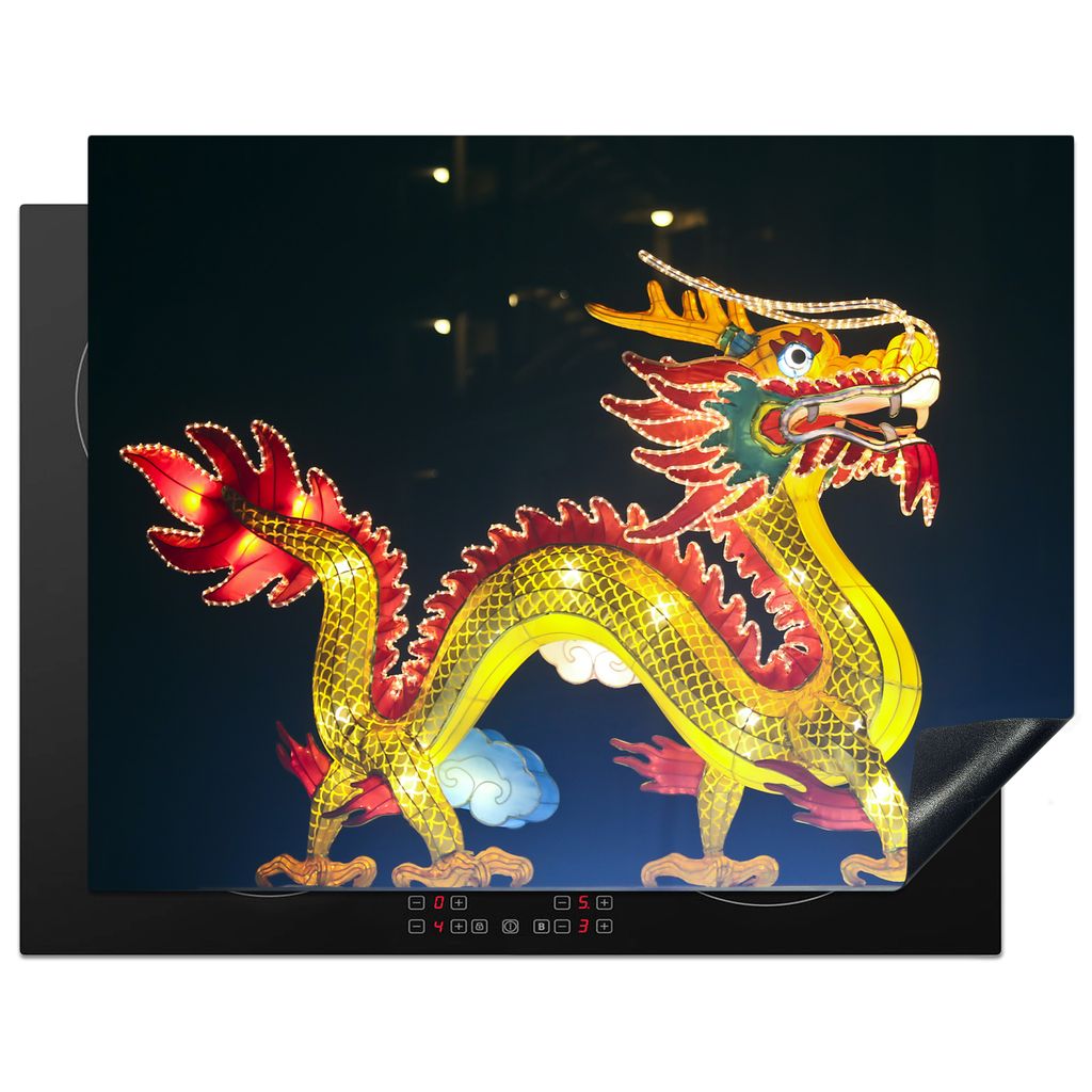 KitchenYeah Herdabdeckplatte Leuchtender chinesischer Drache vor dunklem Hintergrund mit blauen Details , 77x59cm, Küche Deko, Glaskeramikkochfe...