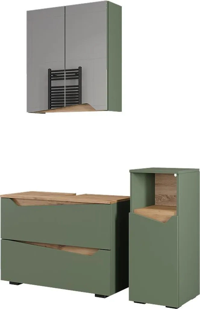 Meuble de Salle de Bain Complet avec Colonne de Rangement Vert et Bois