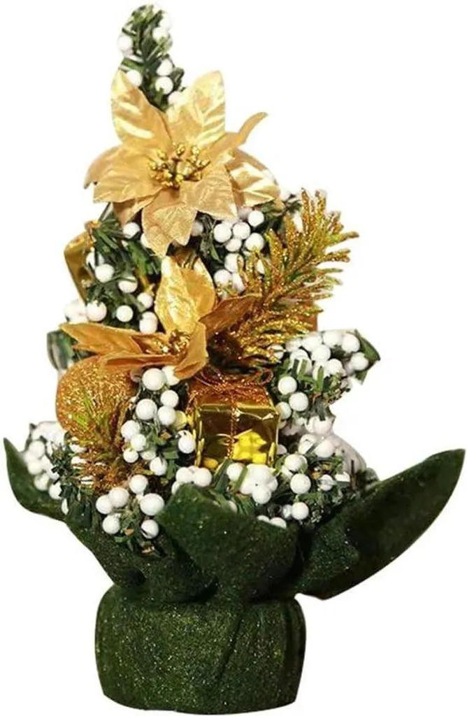Décoration de Noël pour bureau : mini sapin doré 20 cm tout équipé fleurs