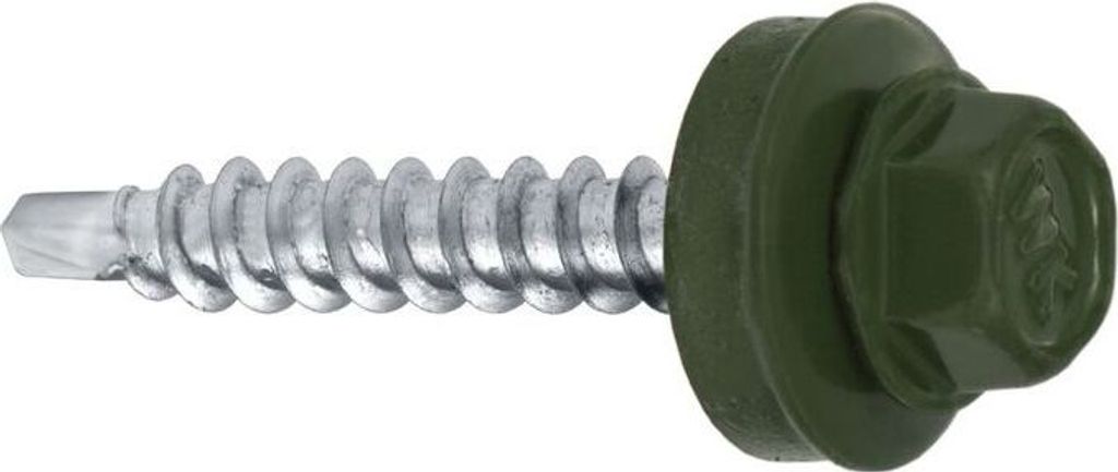 A single self-drilling screw with a green hex head and washer, shown against a white background.