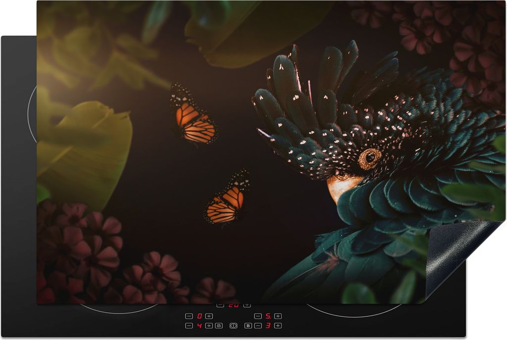 KitchenYeah Herdabdeckplatte Dschungel - Vogel - Schmetterling - Blumen , 80x52cm, Küche Deko, Glaskeramikkochfeld Herdabdeckung, Abdeckplatte f...