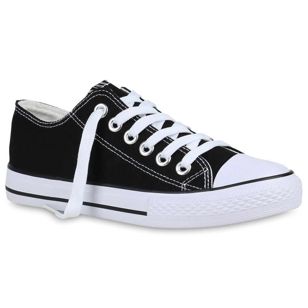 Mytrendshoe Damen Sneaker Low Basic Canvas Turnschuhe Schnürer Sportschuhe 821045, Farbe: Schwarz, Größe: 37