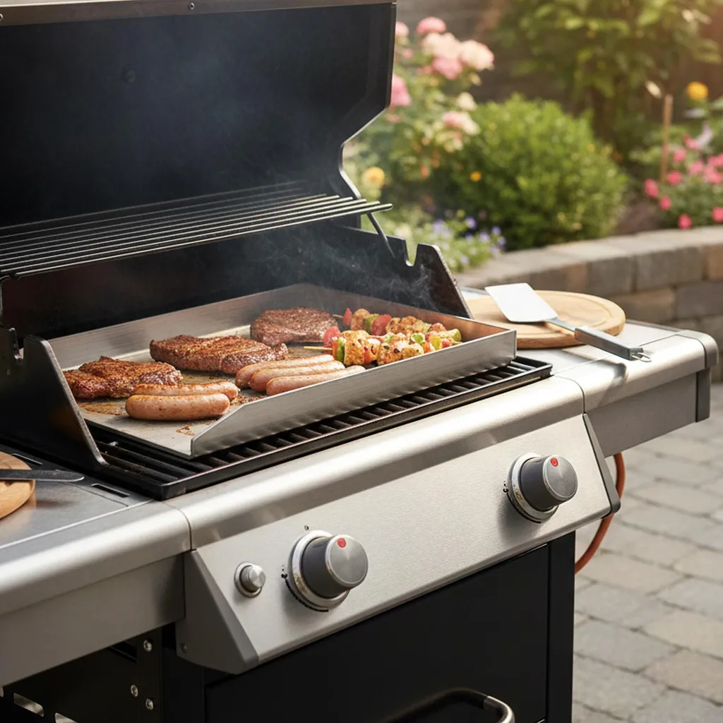 Plancha barbecue en acier inoxydable avec rebords et bac à jus