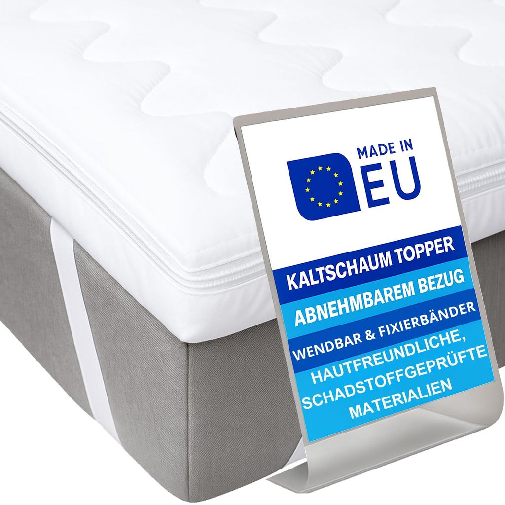 Pillows24 - Topper 90x200cm aus Kaltschaum - 6cm hoch - Matratzentopper mit abnehmbarem Bezug | Wendbar & Fixierbänder | EU