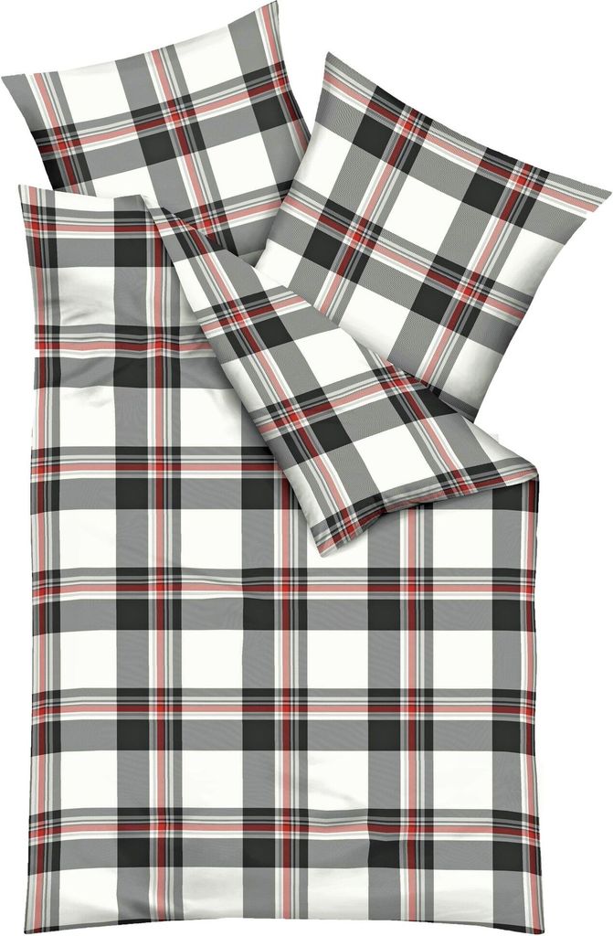 Kaeppel Fein Biber Bettwäsche 2 tlg. 135x200cm Cottage Anthrazit Streifen Grau Rot Offwhite RV