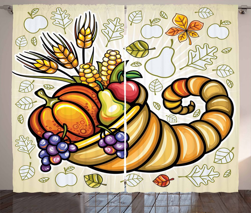 ABAKUHAUS Ernte Rustikaler Vorhang, Füllhorn Thema Essen, Wohnzimmer Universalband Gardinen mit Schlaufen und Haken, 280 x 225 cm, Orange Lila Grün