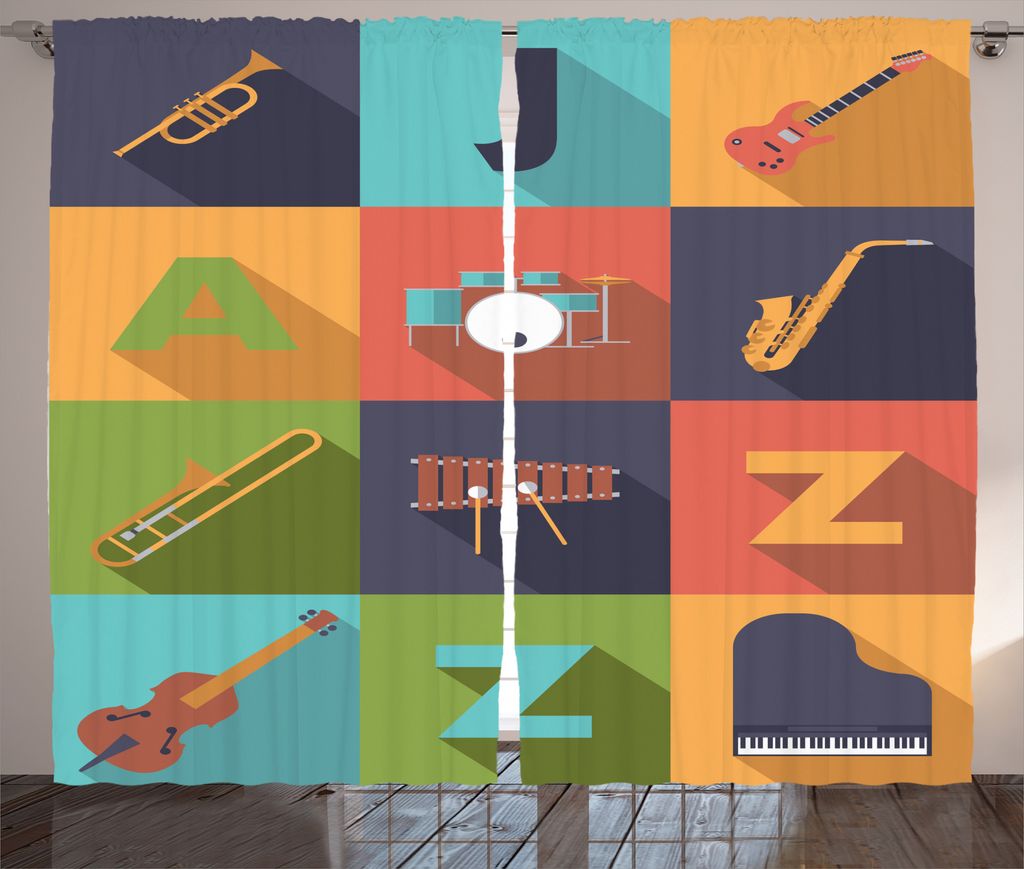 ABAKUHAUS Bunt Rustikaler Gardine, Jazz Gerät Musik, Schlafzimmer Kräuselband Vorhang mit Schlaufen und Haken, 280 x 175 cm, Mehrfarbig