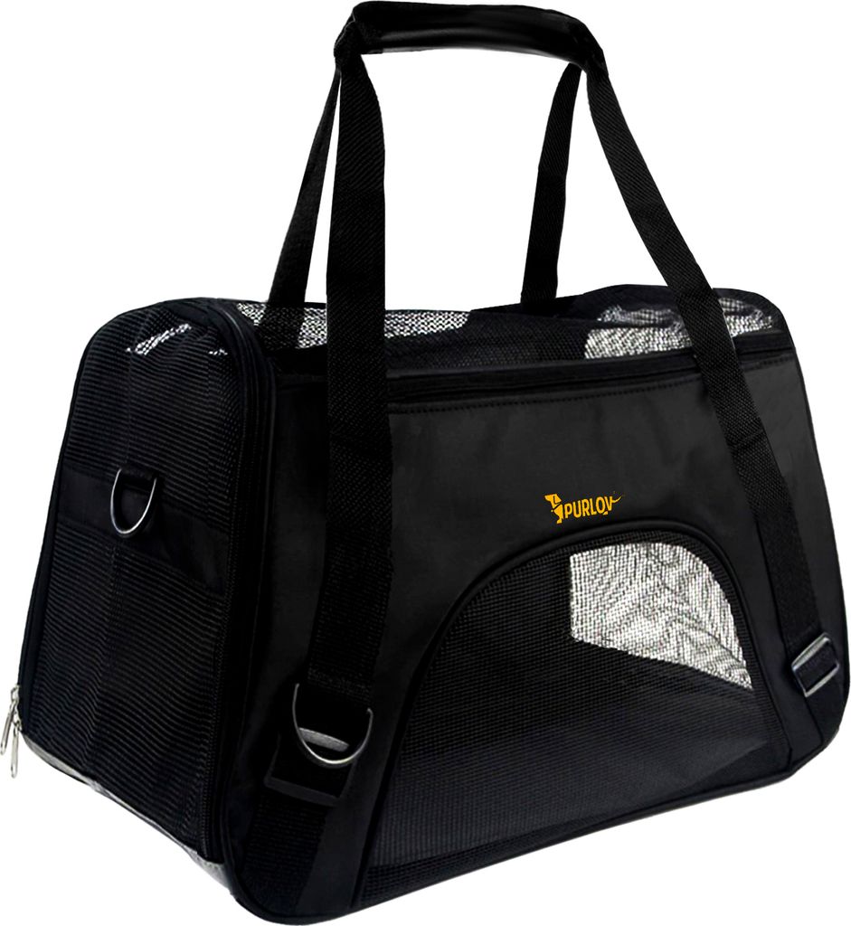 A black pet carrier bag is shown against a white background.
