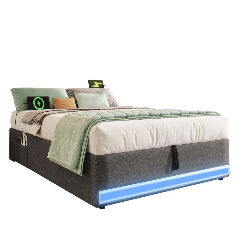 Polsterbett, 90*200cm , Fernbedienbare LED-Leiste,Mit USB und Typ-C, Mit kleinen Aufbewahrungstaschen, Kein Kopfteil-Design, Hydraulische Speicherf...