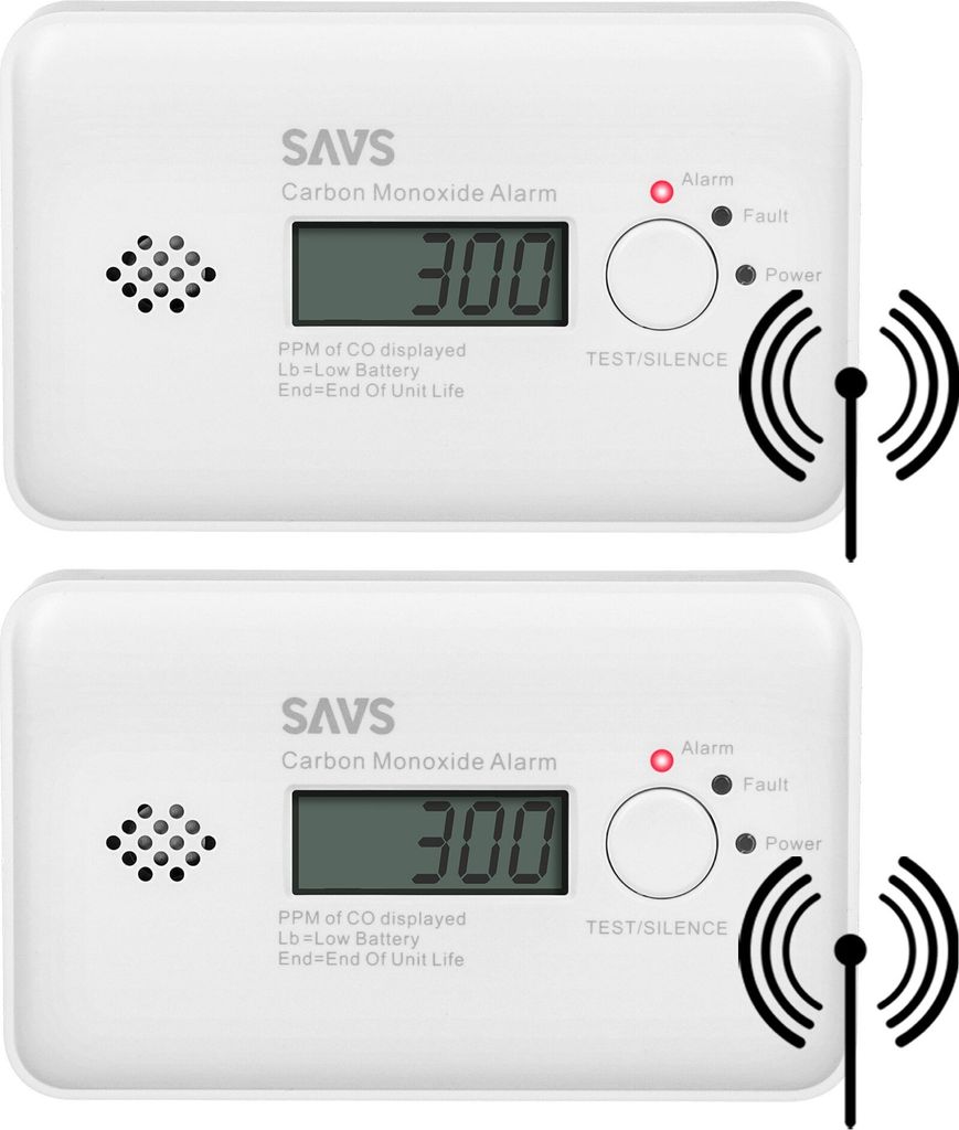 SAVS C10-W Drahtlos koppelbarer Kohlenmonoxidmelder 2 Stück - LinkSmart - Optional WiFi - LCD-Display - CO Melder