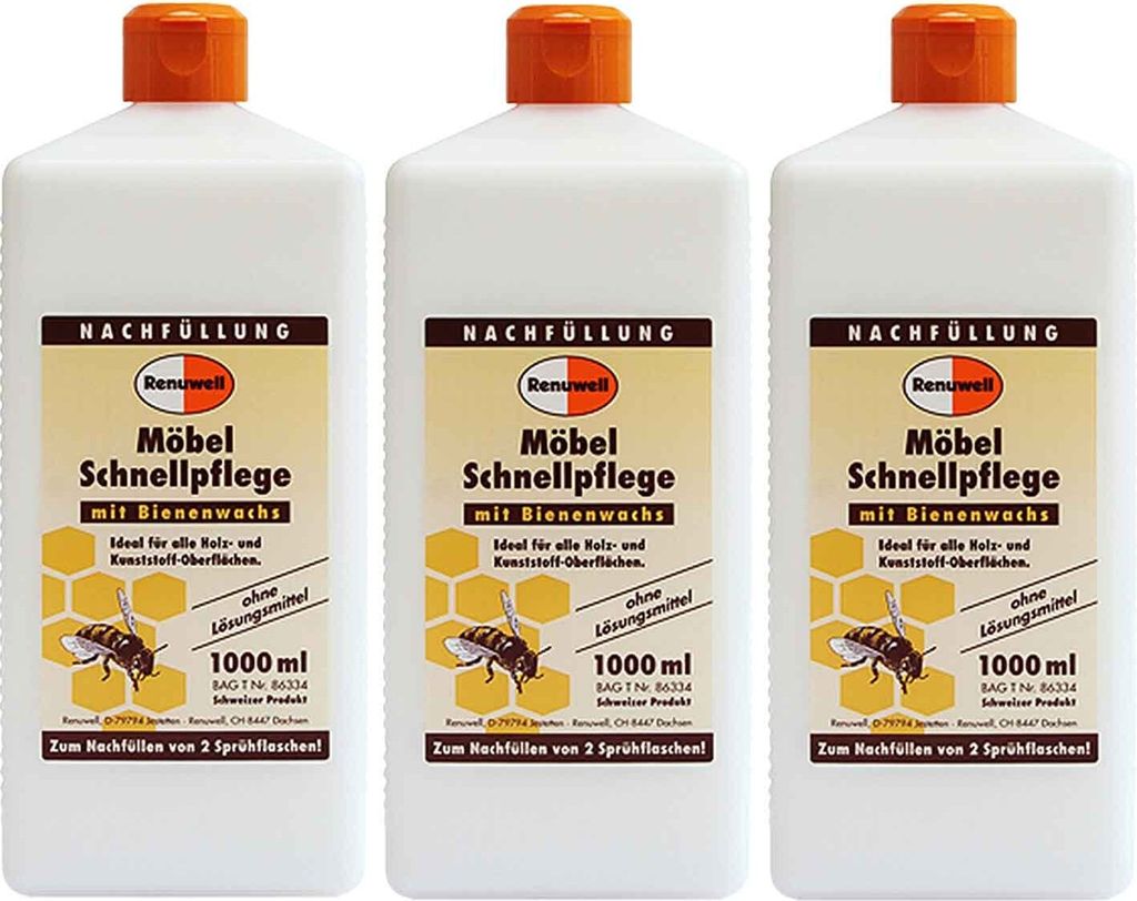 Renuwell Möbel-Schnellpflege Bienenwachs Holzpflegemittel 3 x 1 Liter