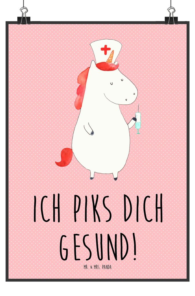 Mr. & Mrs. Panda Bild Einhorn Krankenschwester DIN A4 - Rot Pastell - Geschenk, Plakat, Krankenpfleger, drucke, Ärztin, Unicorn, wanddeko, Kranken...