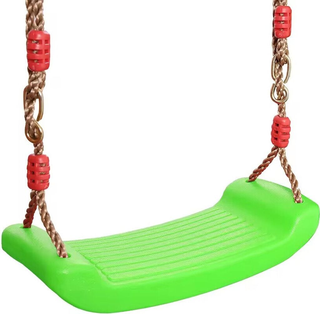 A green plastic swing seat with brown ropes and red plastic beads, isolated on a white background.