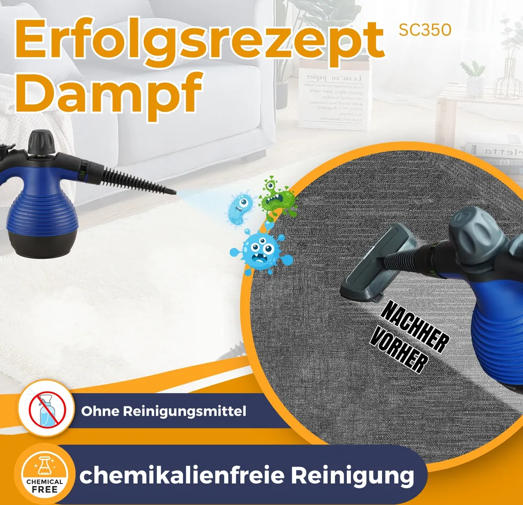 Pulitore a vapore portatile Sommertal SC350 - Pulitore a vapore portatile compatto per tutto: mobili imbottiti, piastrelle, pavimenti, ecc. - Pulitore a vapore con serbatoio da 350 ml, vapore a 110°C, pressione di 3 bar - 6