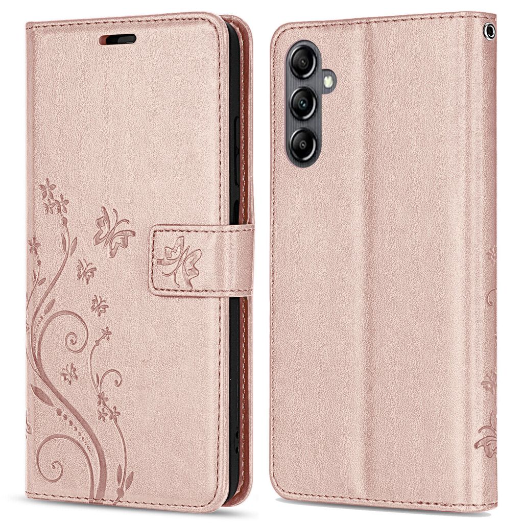 A rose gold flip case for a smartphone is shown from the front and back.