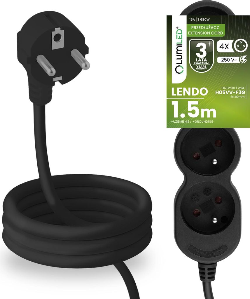LUMILED Steckdosenleiste 4-Fach Steckdose Typ E, 1,5m Kabel H05VV-F3G schwarz Mehrfachsteckdose E Stecker 16A 3680W 250V IP20 Halterung zum Aufhängen