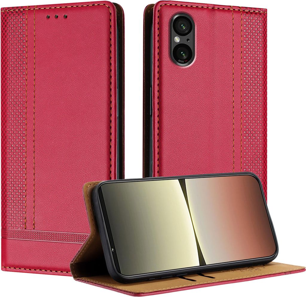 Handyhülle für Sony Xperia 5 V Leder Flip Klappbare Schutzhülle mit Standfunktion Rot