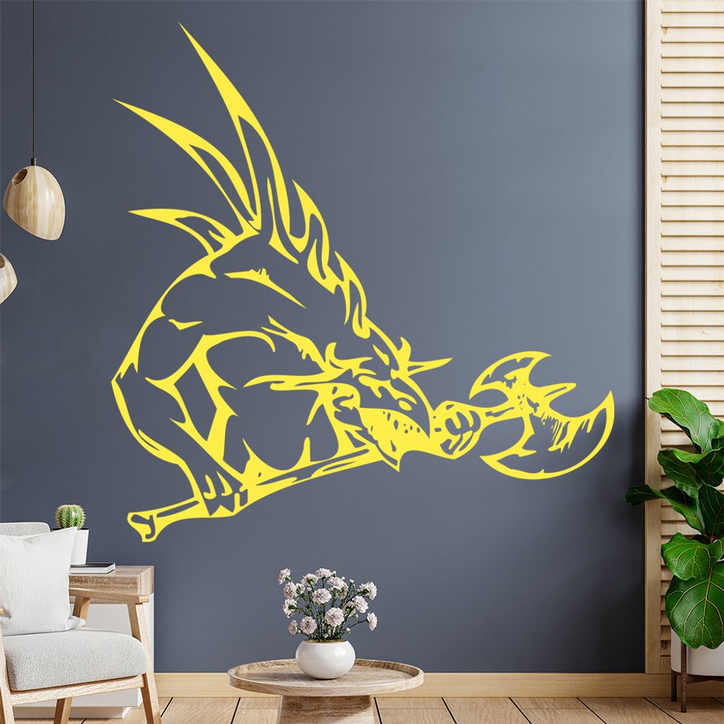 Drachen mit Hellebarde Wandtattoo in 6 Größen - Wandaufkleber Wall Sticker - Dekoration, Küche, Wohnzimmer, Schlafzimmer, Badezimmer
