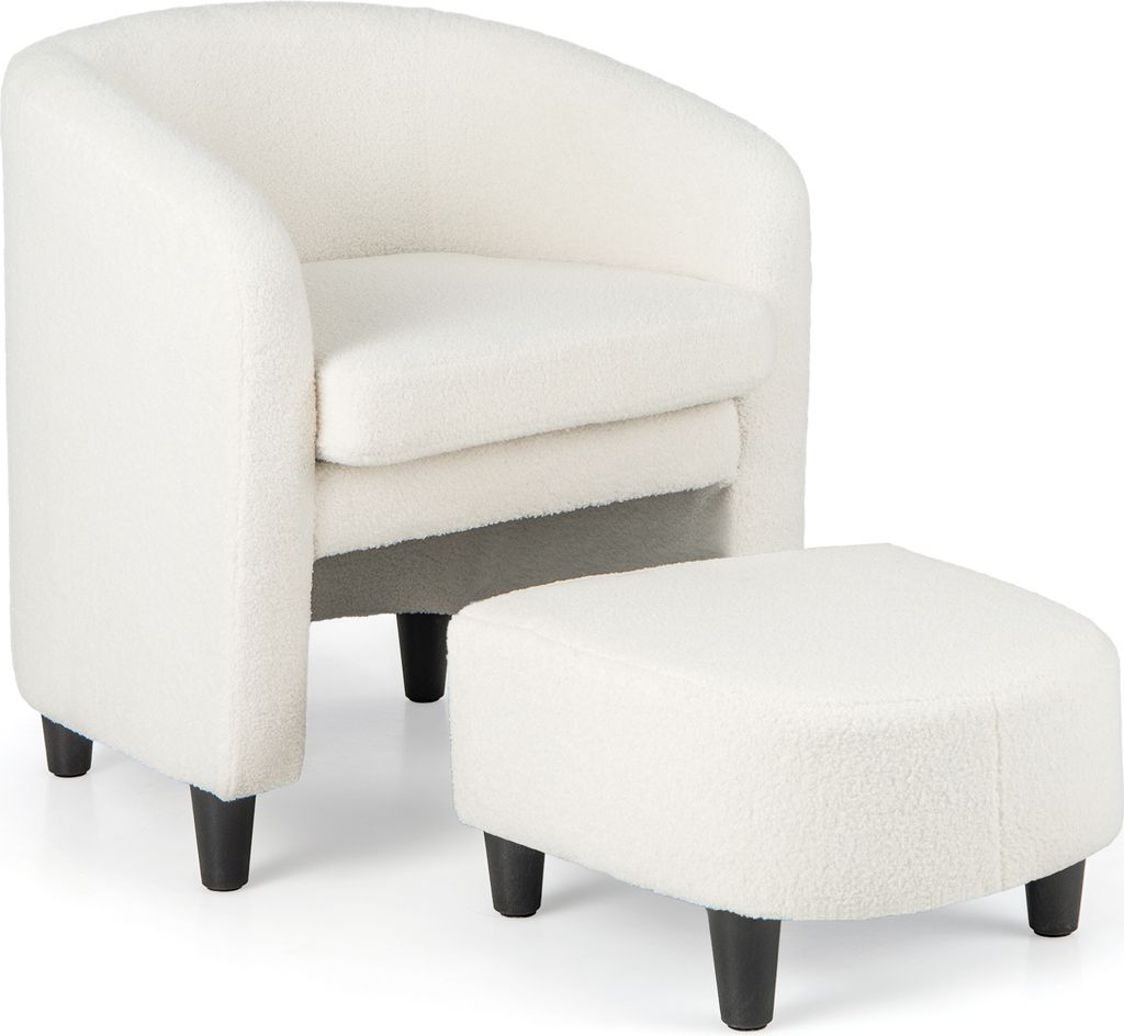A white armchair and ottoman are shown against a white background.