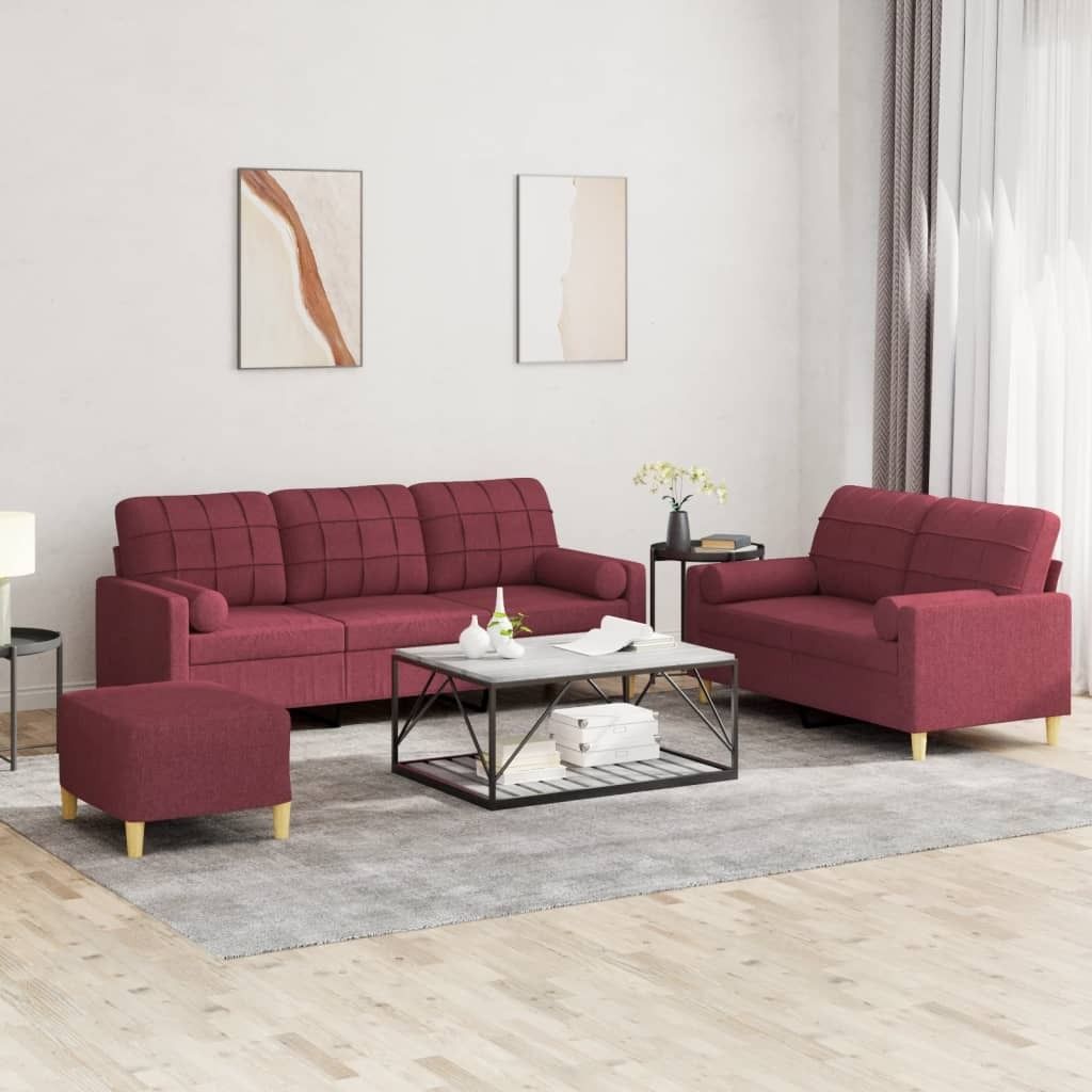 Möbel 3-tlg. Sofagarnitur mit Kissen Weinrot Stoff - Klassische Sofas 3201336