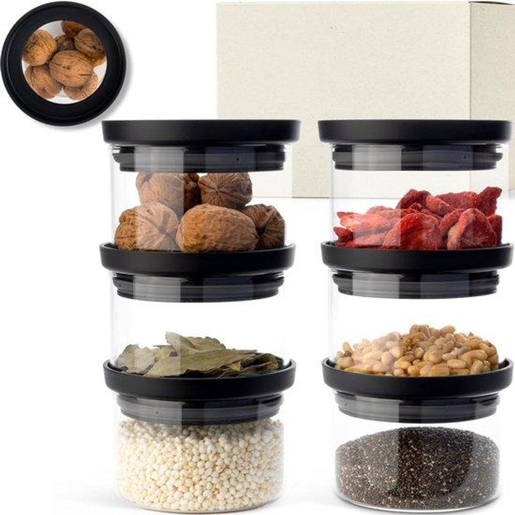 Set aus 6 stapelbaren luftdichten Glas- Kräuterpott mit transparenten Deckeln - 350 ml - Für Schublade - Kräuteropferlösung