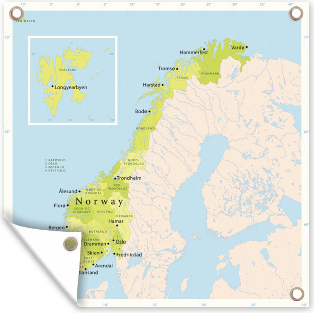 MuchoWow 100x100 cm Outdoor-Poster Gartendeko Sichtschutz Garten Poster für den Garten Karte von Norwegen mit wichtigen Städten