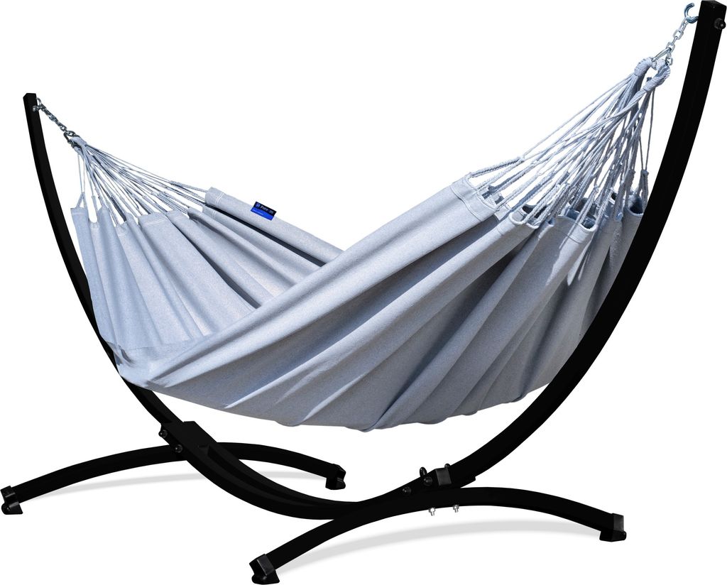 Potenza Outdoor Merida Hängematte mit Gestell für 2 Personen I Baumwolle Doppelhängematte XXL 220x160, 220kg I Schwarz Hängemattengestell 220kg...