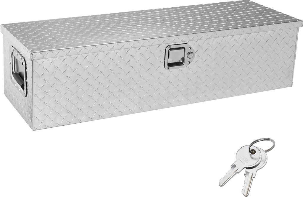 A silver aluminum toolbox with a diamond plate pattern and two keys are shown on a white background.