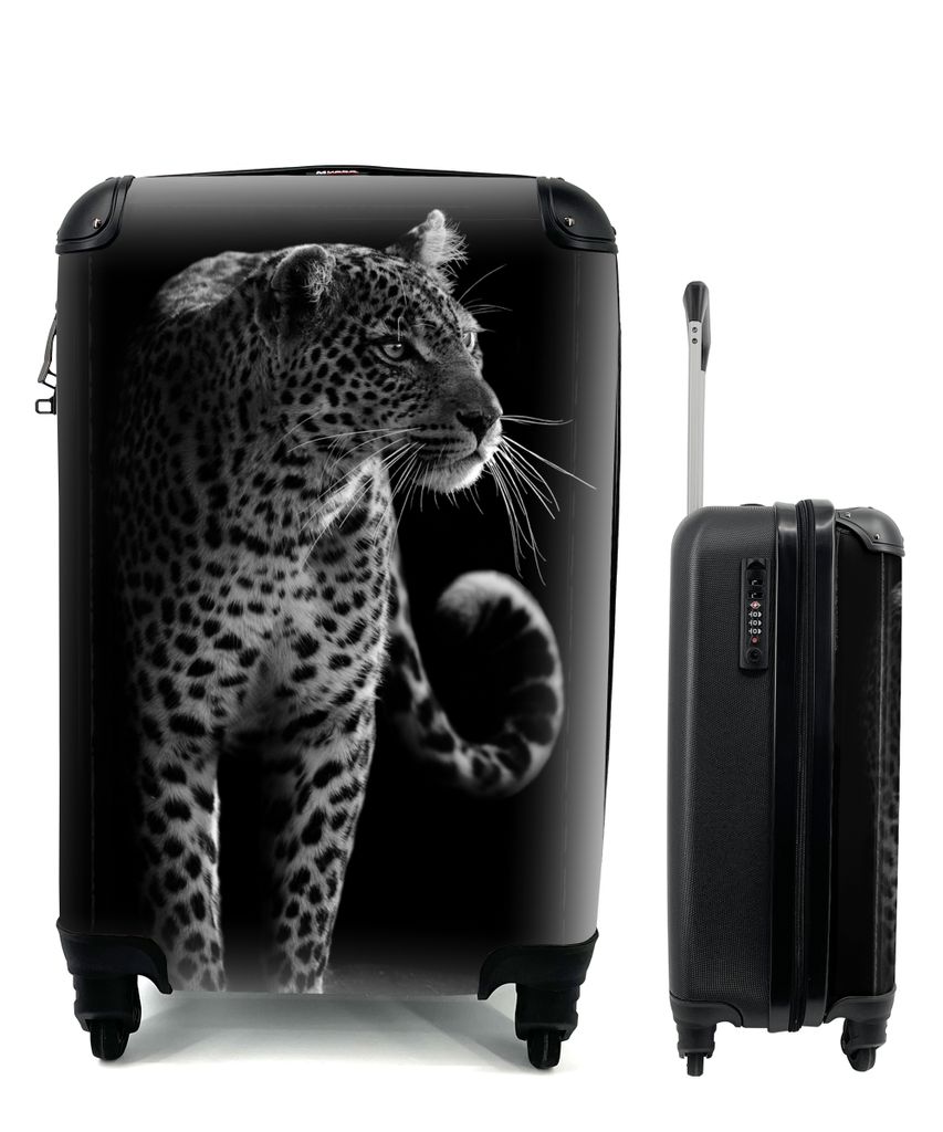 MuchoWow Koffer Handgepäck Trolley Rollkoffer Kleine Reisekoffer mit 4 Rollen - Wildtiere - Leopard - Natur - Schwarz - Weiß - Cabin Size < 55x...