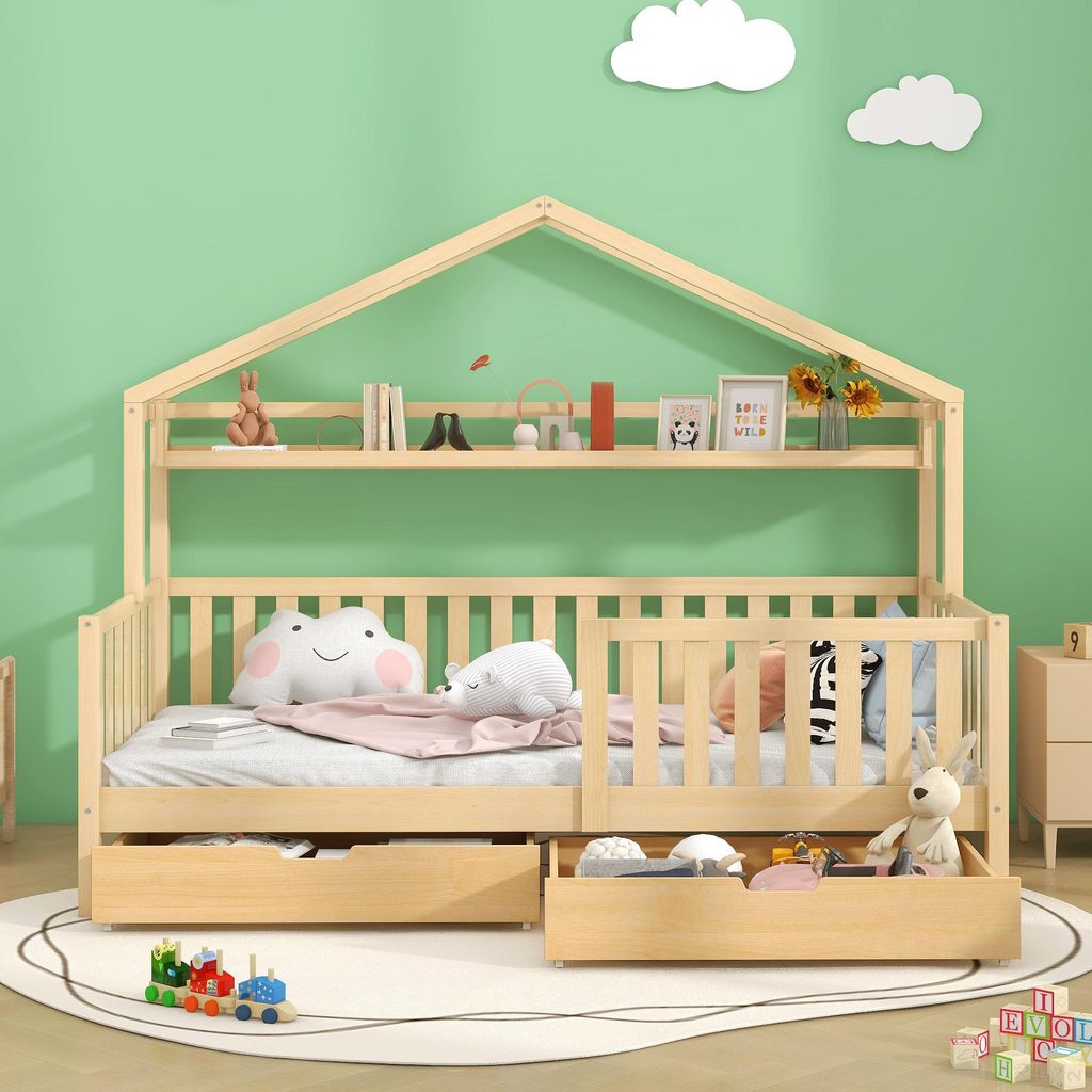 Kinderbett in Holzfarbe,Kinderbett Hausbett mit Schubladen,Massivholz mit Lattenrost, Kiefernholz Hausbett , Kinder und Jugendzimmer,90x200,Natur[O...